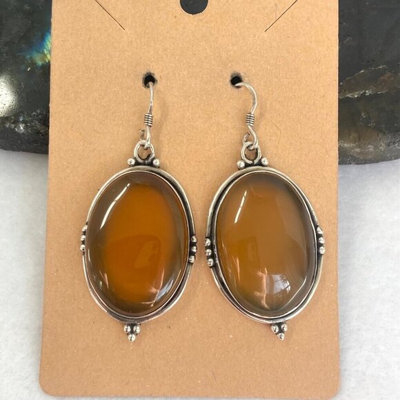 Sterling Silver 925 Large Bezel Set Oval Agate Quartz Dangle Drop Earrings - Picture 6 of 16